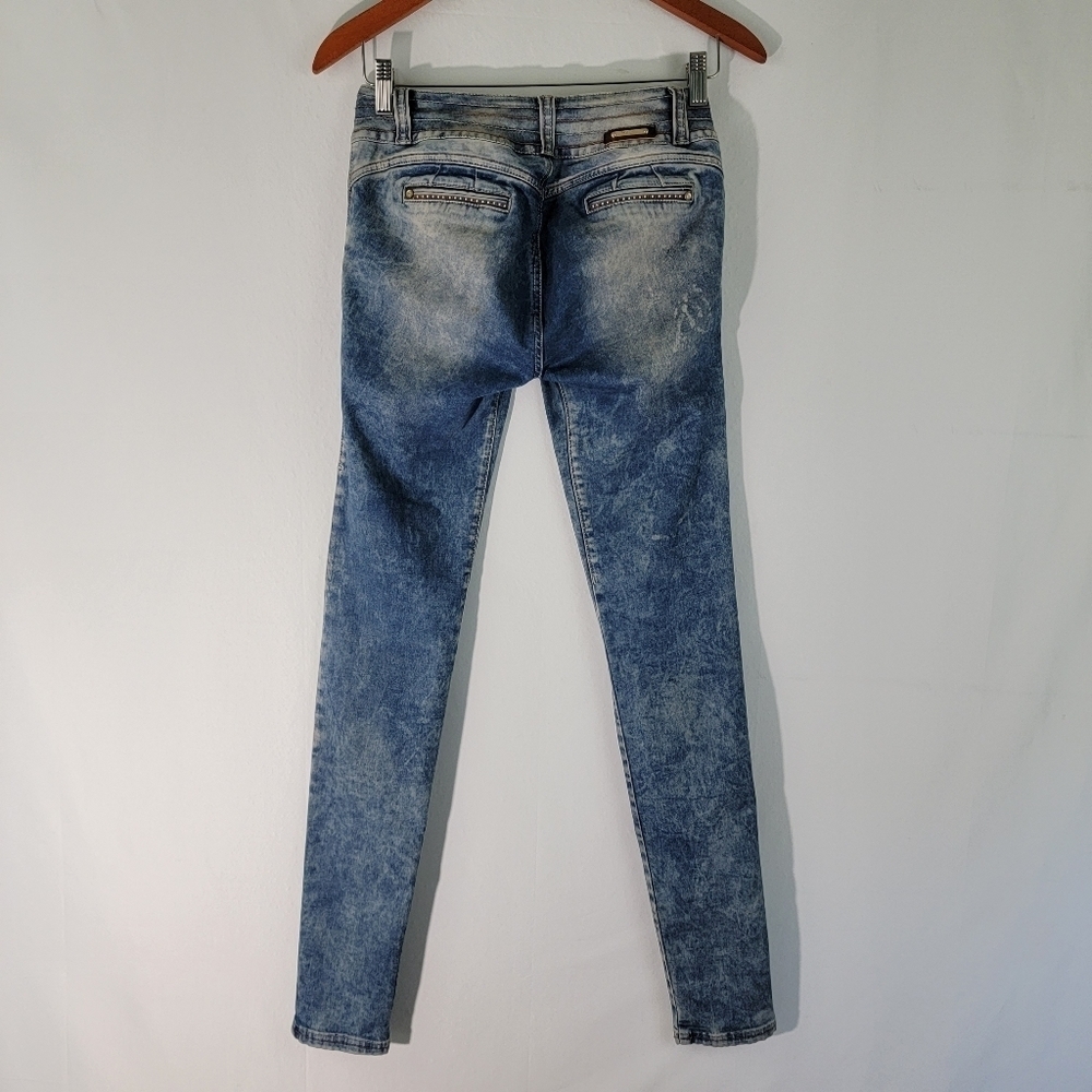 Kenzo GOLD DENIM VANY Skinny Mid-Rise Jeans Sz 6 Designer Beaded Gold Button - Picture 2 of 12